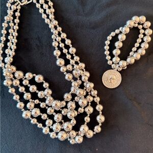 Silver Multi-Strand Beaded Necklace and Coin Pendant Bracelet